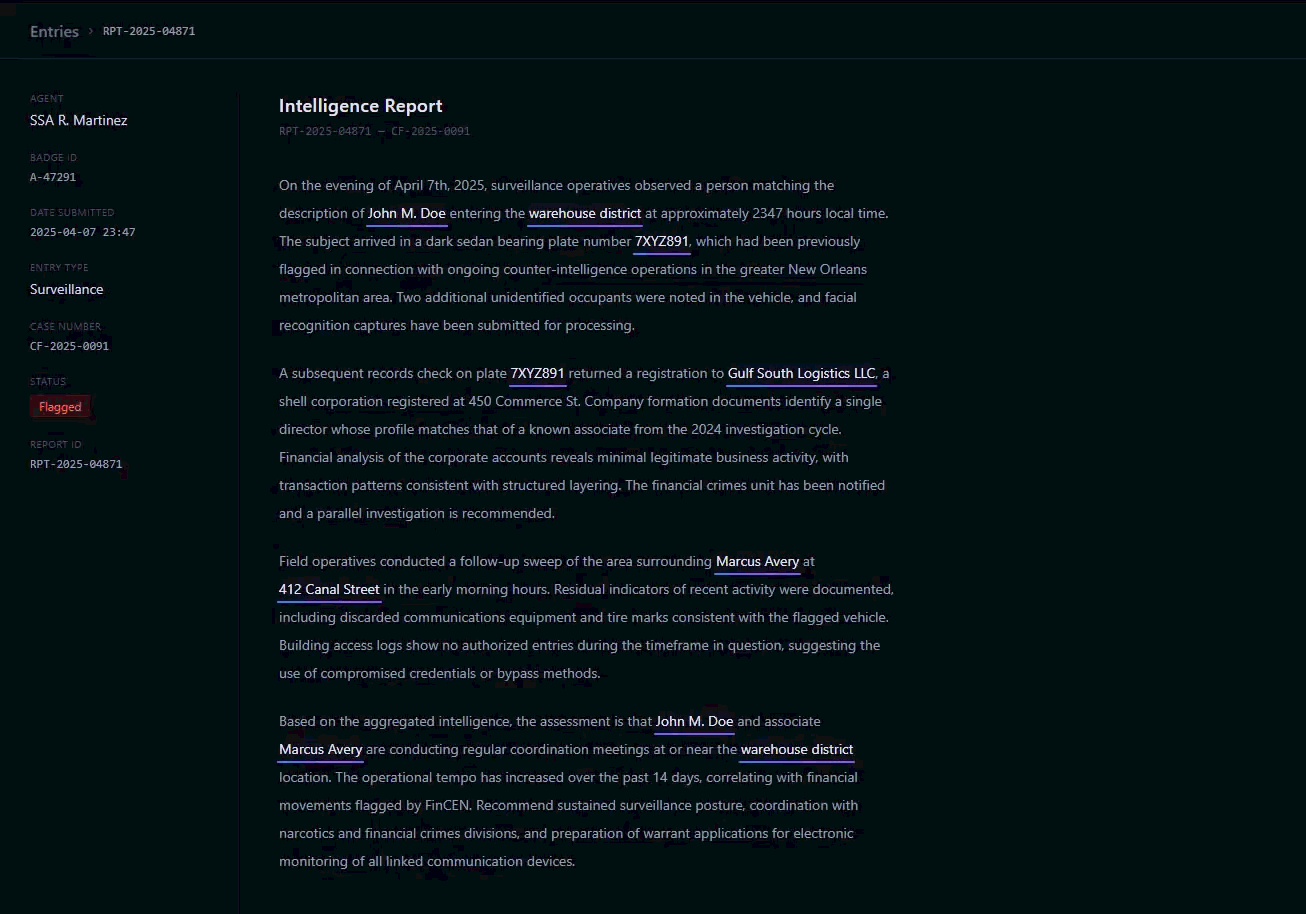 Demonstration of real-time named entity recognition in Project Culper. Entities such as people, locations, and vehicles are underlined with a purple-to-blue gradient as the operator types, with hover tooltips surfacing linked profile data.